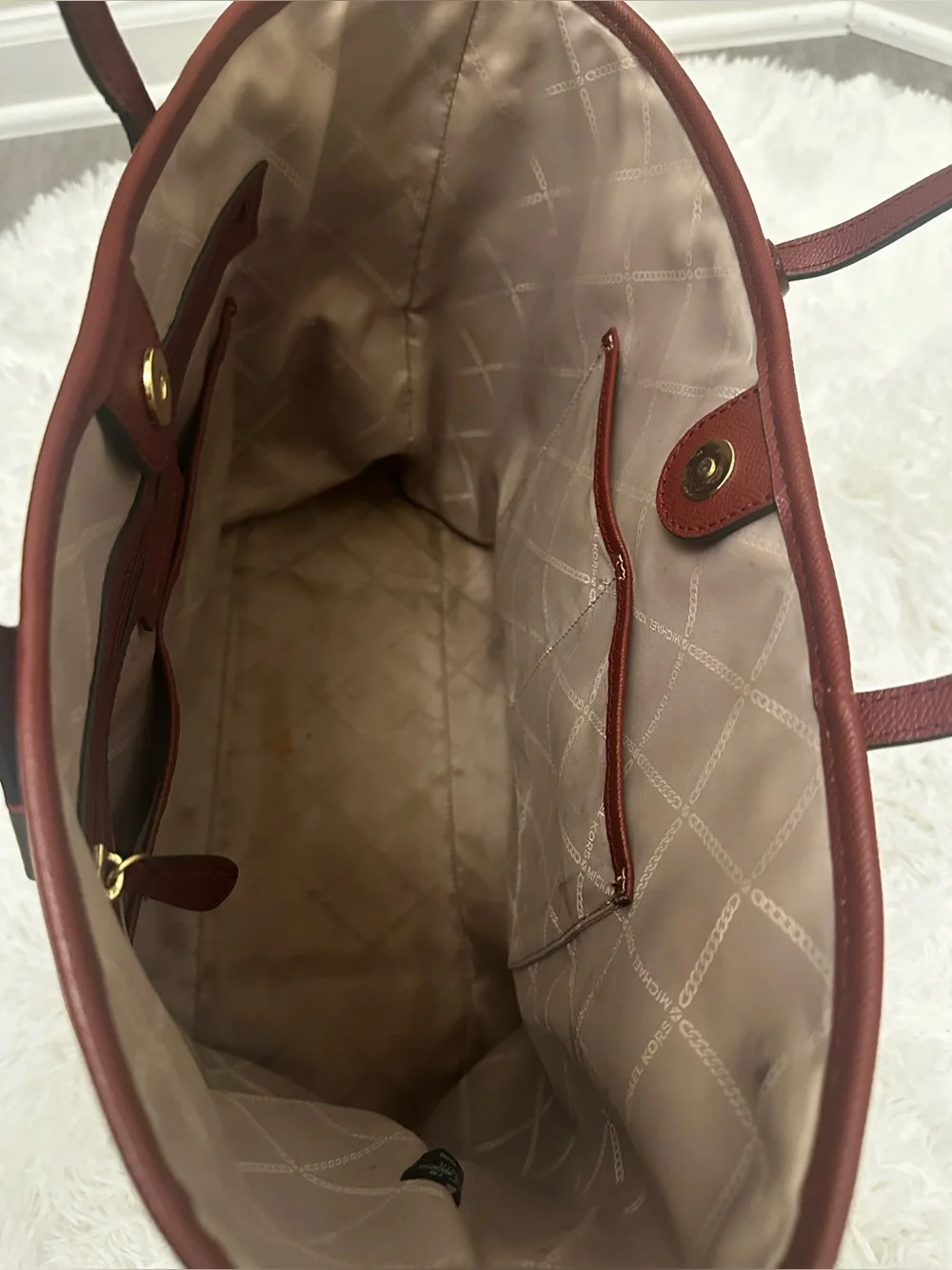 Michael Kors Deep Red Saffiano Leather Tote with Gold MK Charm